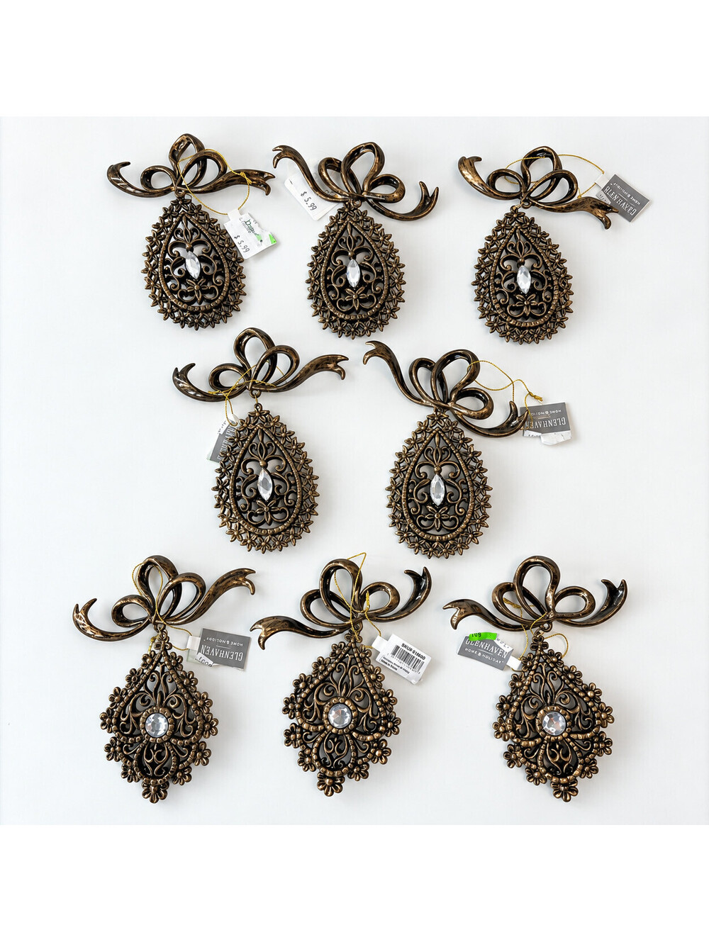 Glen Haven Home & Holiday Lot of 8 Christmas Ornaments 6" Jeweled Bronze Resin